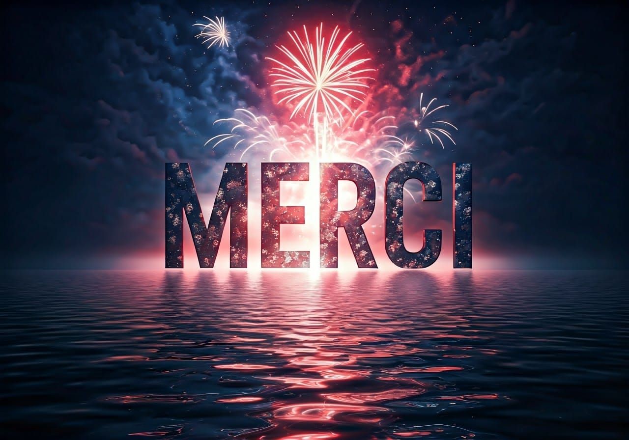 Glowing Word MERCI in the Sky with Fireworks