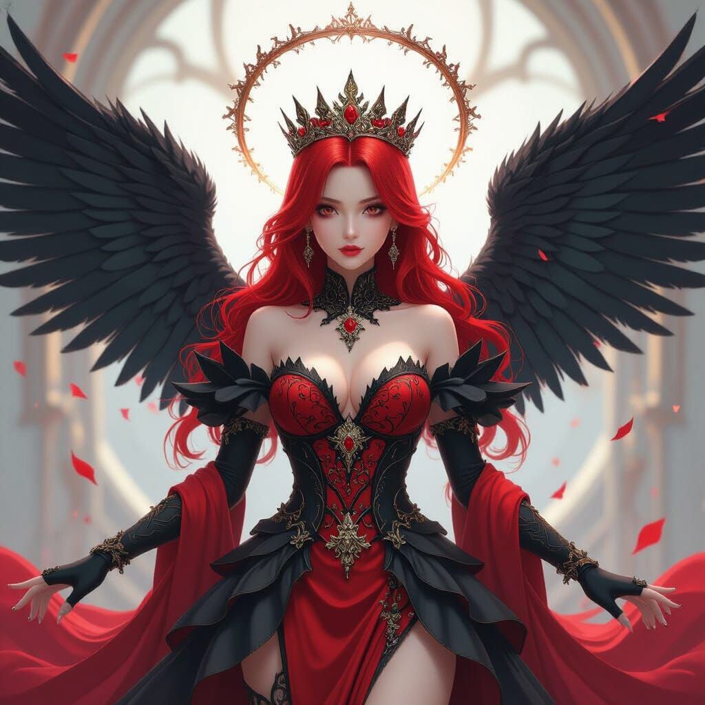 Anime Angel with Red Hair and Black Wings