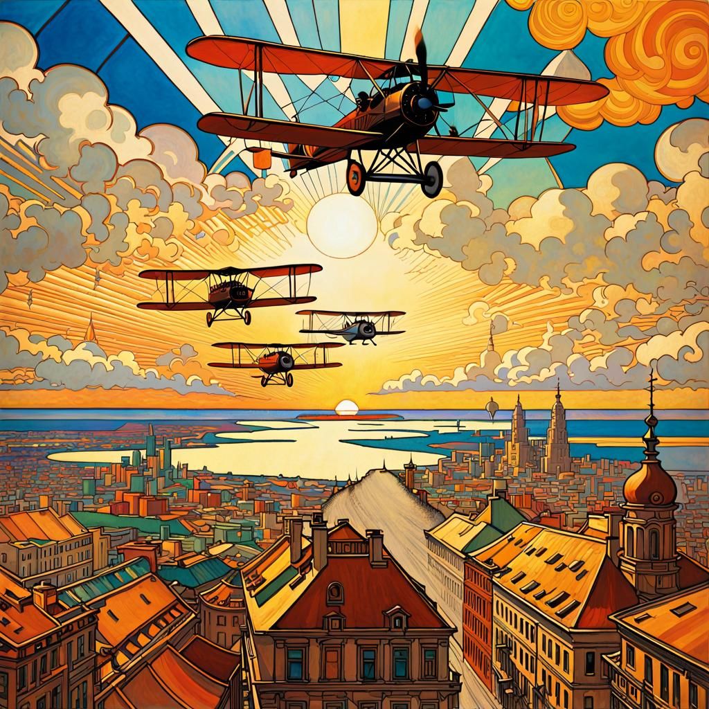 Biplanes Over City in Art Nouveau Style