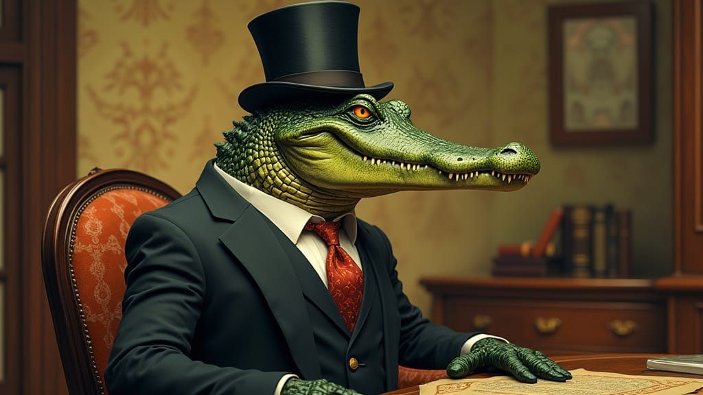 Victorian Crocodile Gentleman in a Fantastical Realism Style