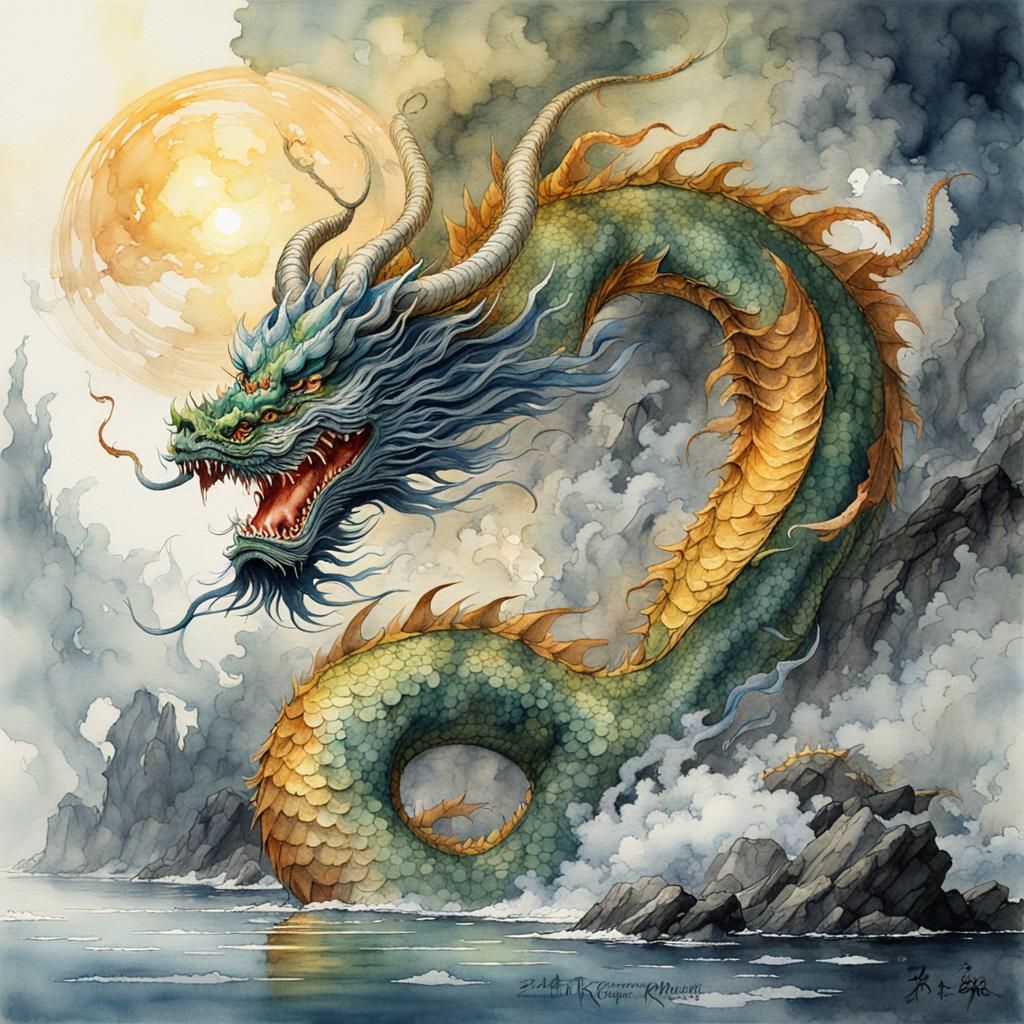 Ethereal Korean Dragon Watercolor Painting