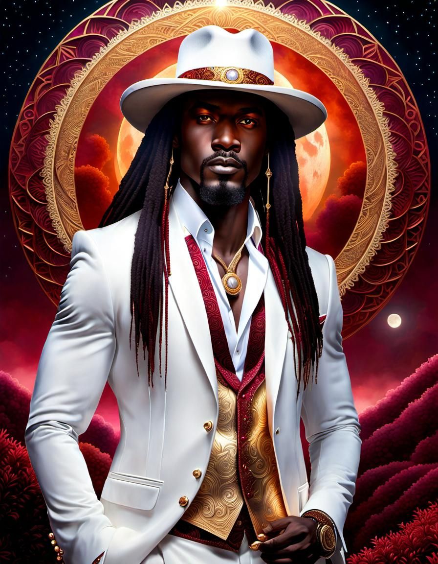 Amber-Eyed Man Under Moonlit Sky, Surreal Portrait