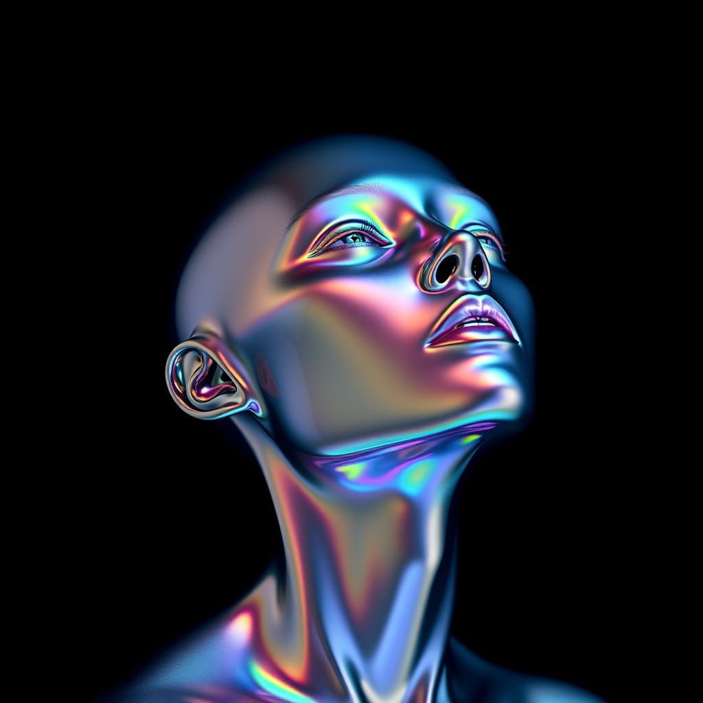 Iridescent Humanoid Portrait with Rainbow Reflections