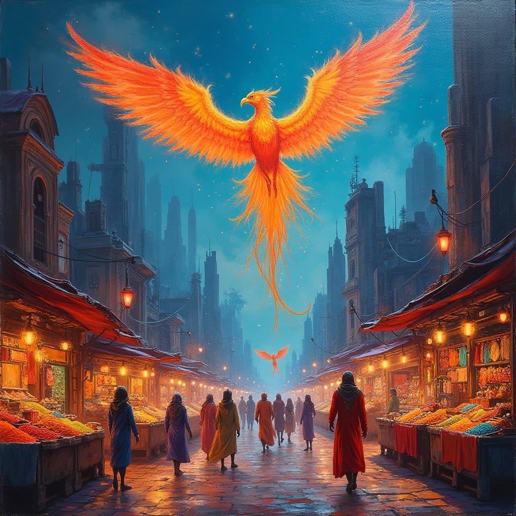 Alien Cityscape with Fiery Phoenix in Oil Painting Style