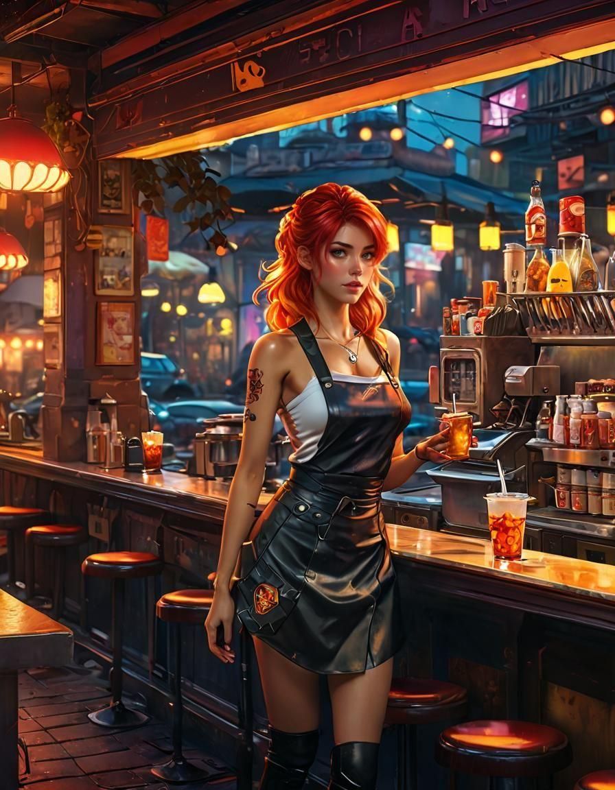 Sunset Shimmer in Cyberpunk Cafe: Digital Portrait