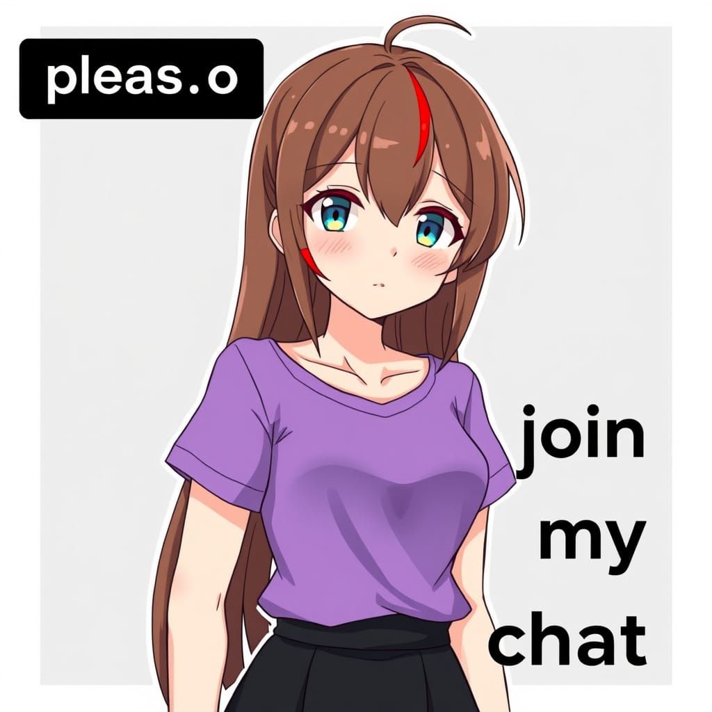 black text saying "pleas join my chat" aria hoshido an anime...