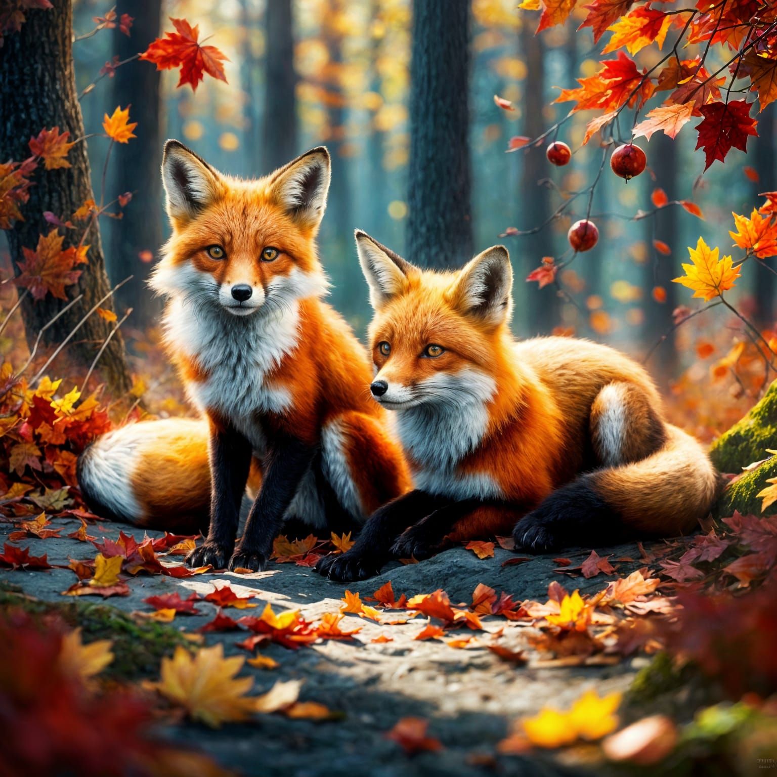 Hyperrealistic Red Fox Family in Autumn Splash Art