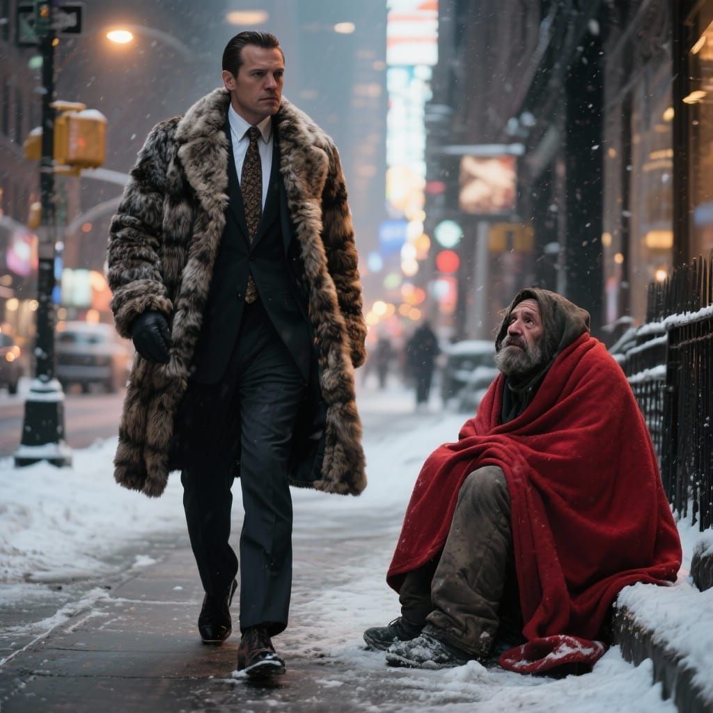 Wealthy Trader Ignores Homeless Man in Snowy NYC