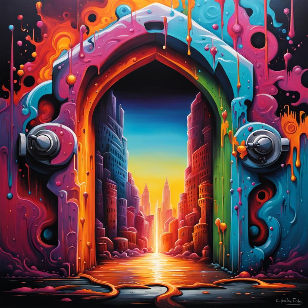 Surreal Keyhole World in Graffiti Art Style