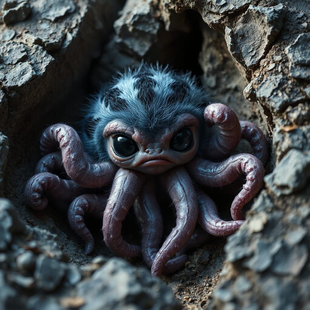 Creepy Cute Neon Creature in Rock Fissure