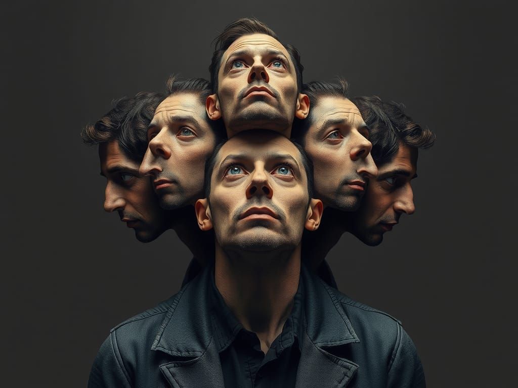 Surreal Man with Ten Heads, One Body