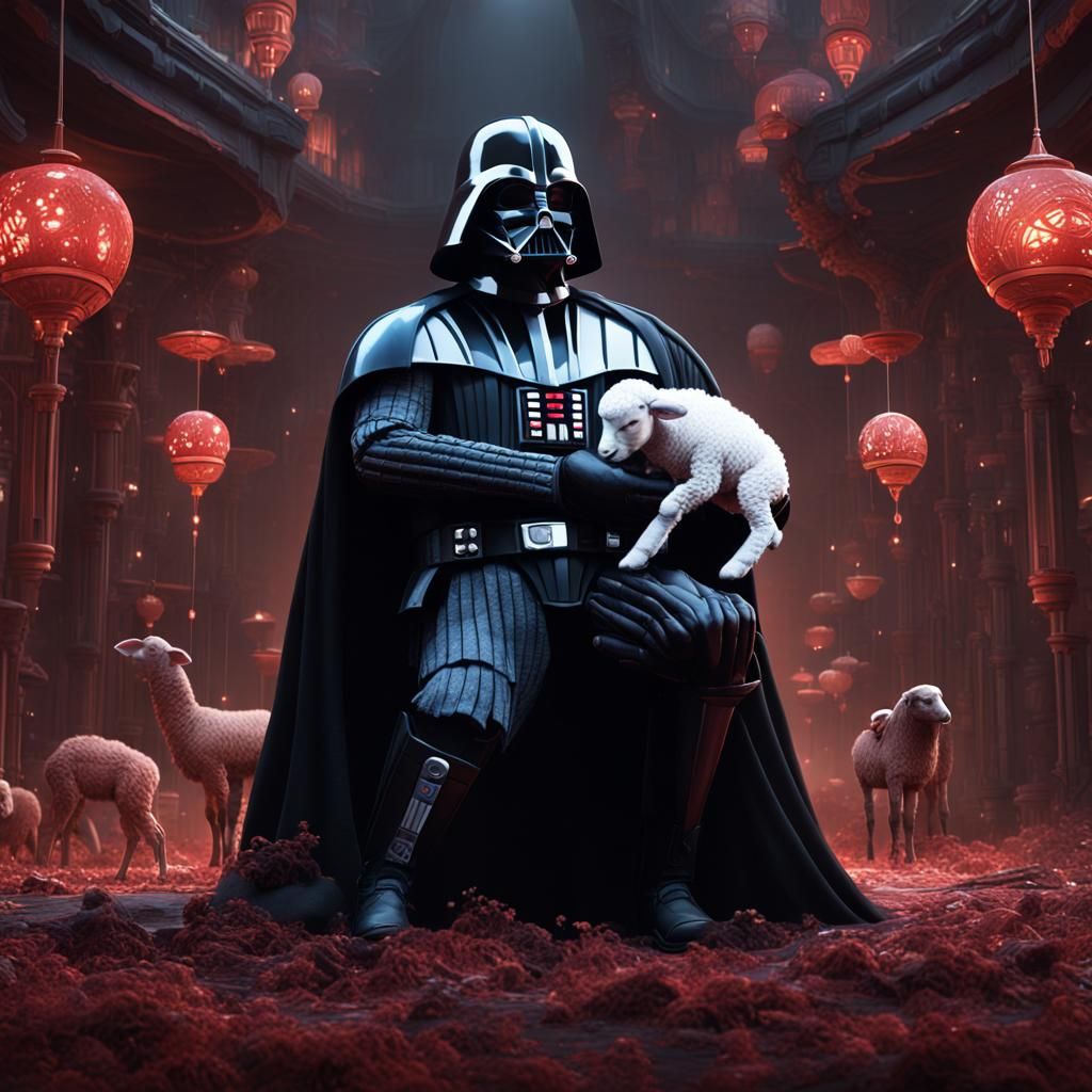 Darth vader holding a baby lamb