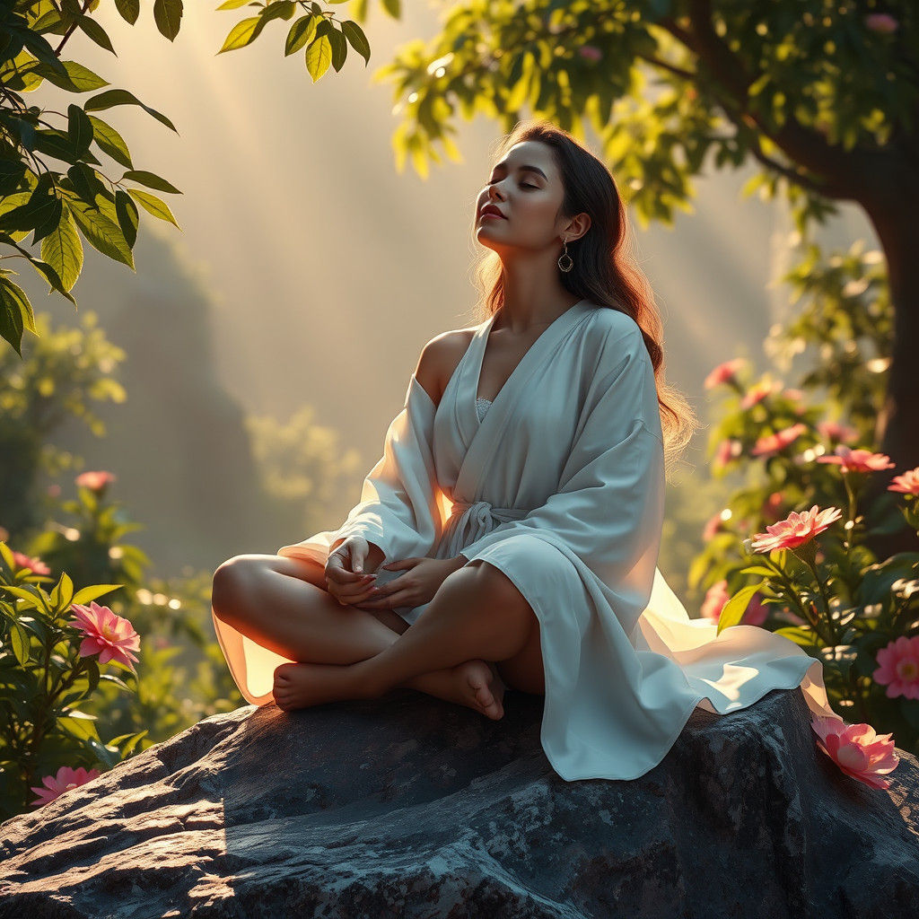 Serene Woman Embodies Well-being in Lush Landscape