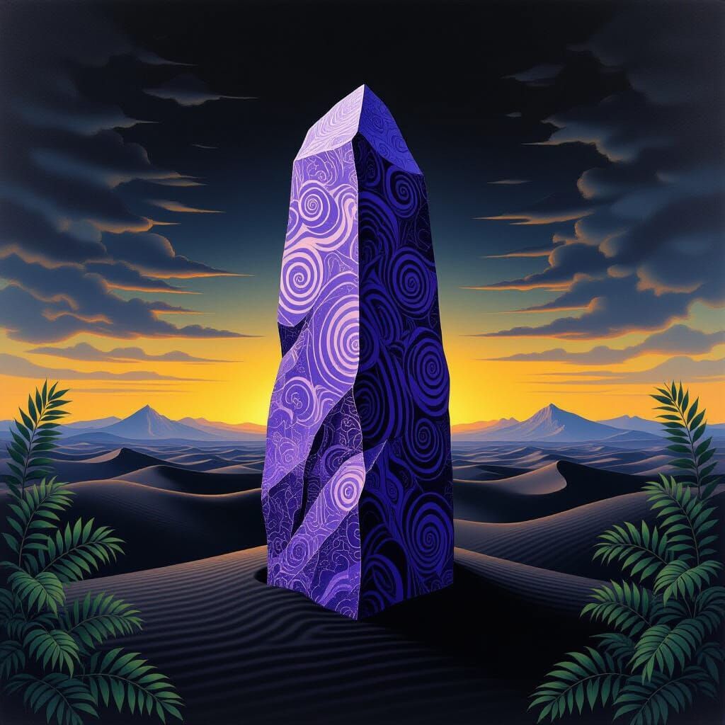 Surreal Violet Monolith Divides Desert and Forest
