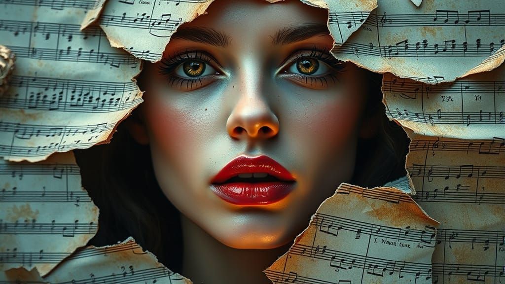Woman Unfolds from Shattered Sheet Music in Dreamlike, Neon ...
