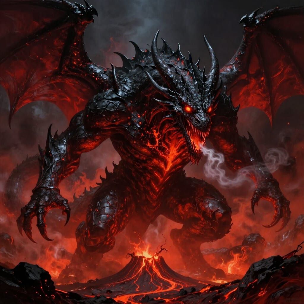 Sauron as a Terrifying Dragon in Volcanic Landscape