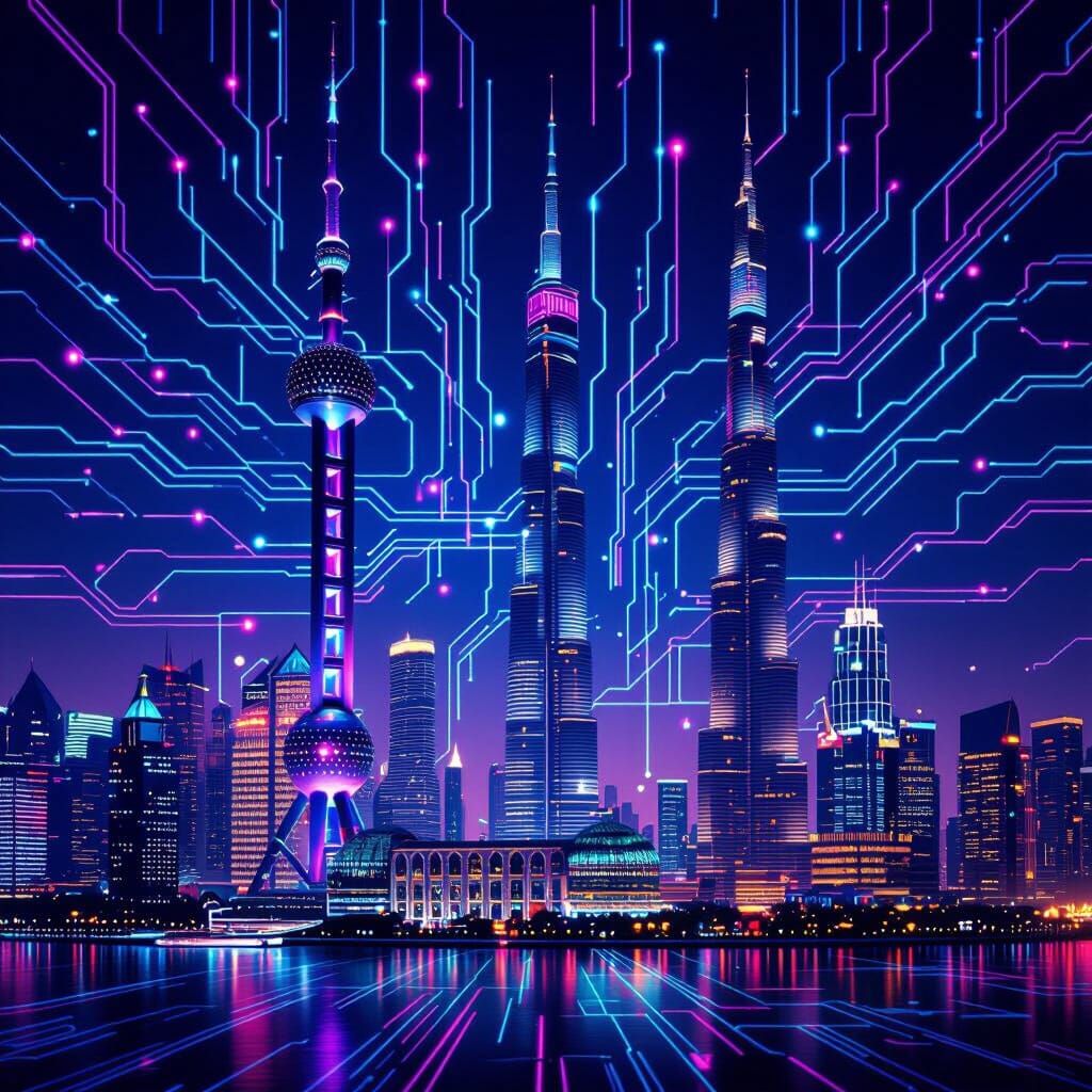 Futuristic Cityscape with Oriental Pearl Tower & Burj Khalif...