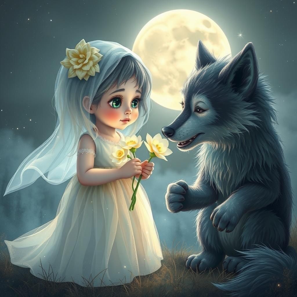 Ghost Girl Offers Flowers to Werewolf, Ethereal Art