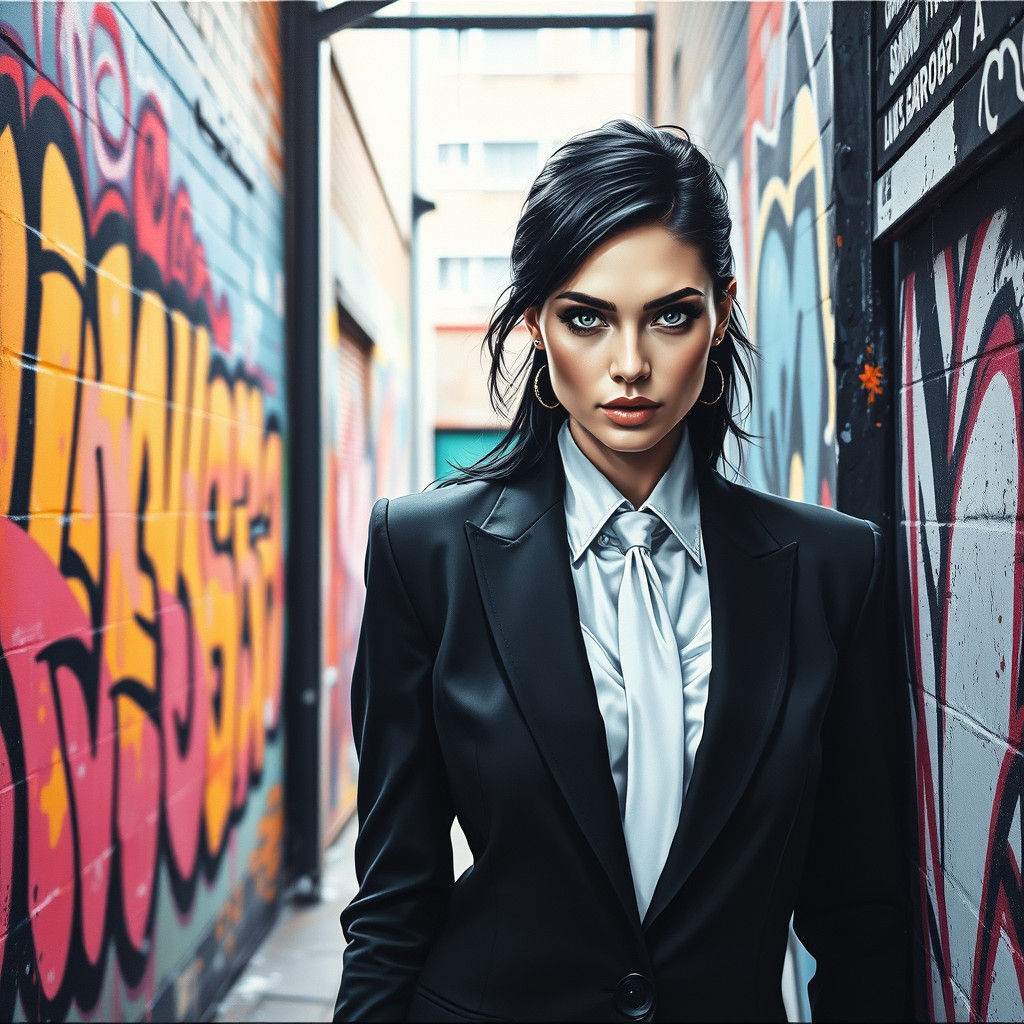 Woman in Suit Amidst Vibrant Street Art