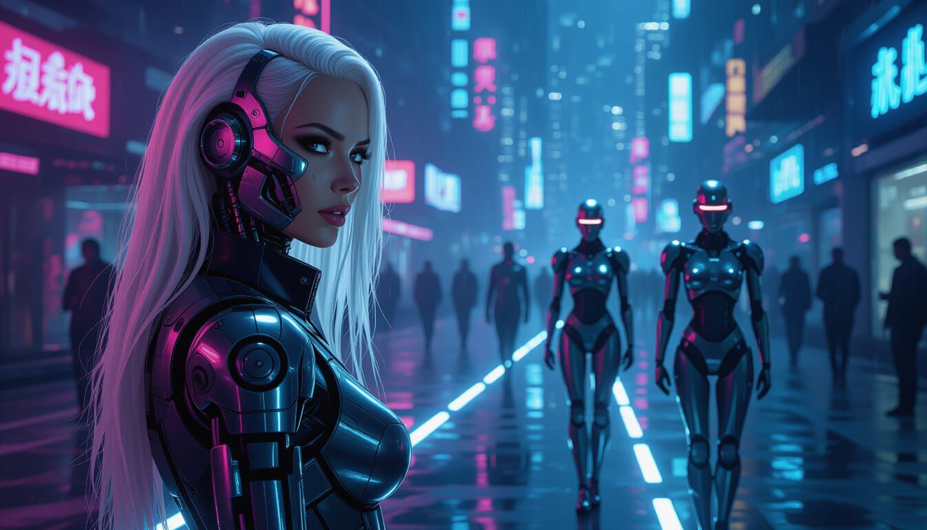 Female Terminator Android in Cyberpunk Cityscape