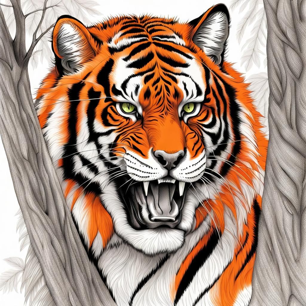 Vibrant Orange Tiger in Pencil Sketch Style