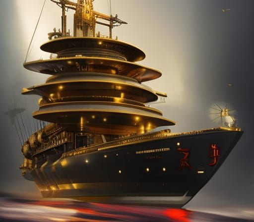 Clockpunk Ship Amidst Stormy Seas, Steampunk Concept