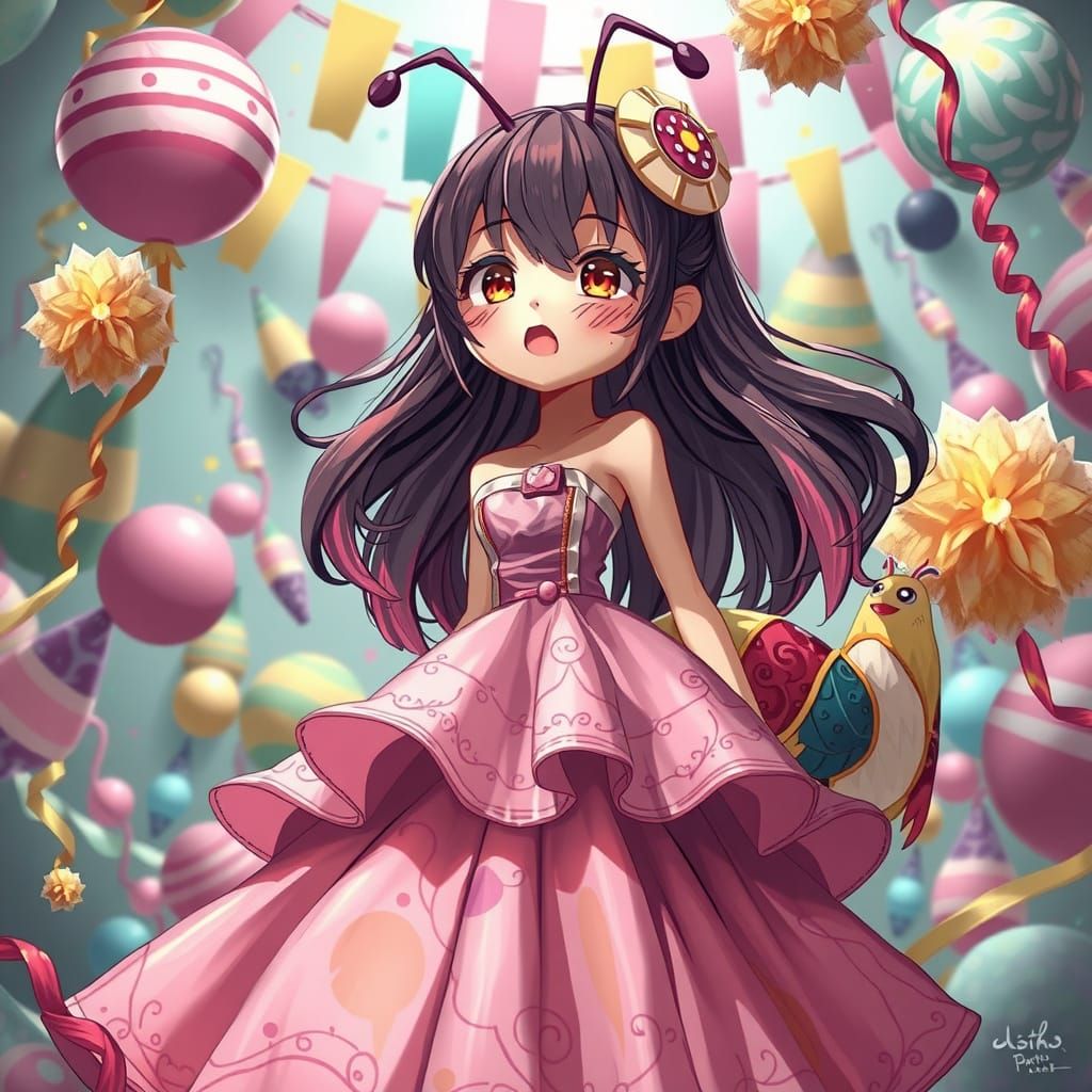 Caterpillar Girl's First Party in Surreal Anime Style