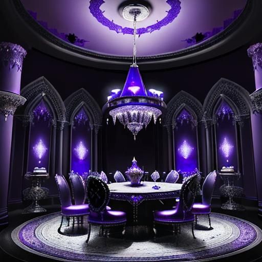 Circular round Gothic penthouse with purple walls with cobalt blue accents& Black opal pillars supporting a Circular got...