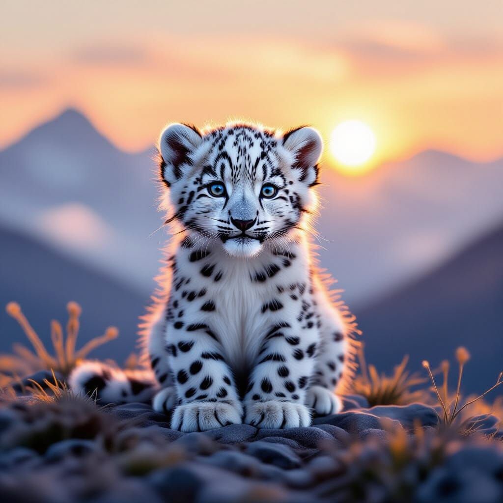 Adorable Baby Snow Leopard on Misty Horizon at Sunrise