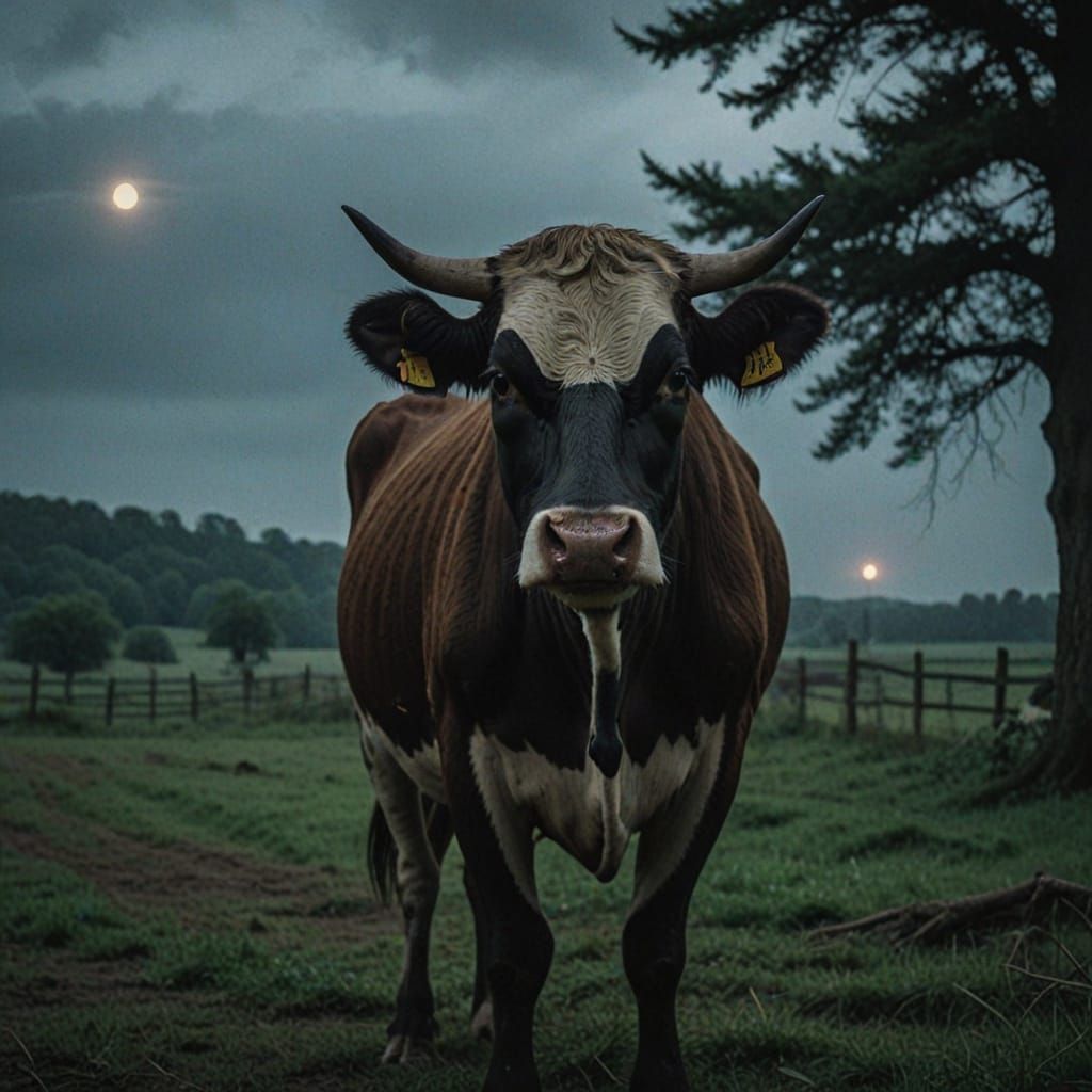 Gothic Cow in a Dark Rural Landscape