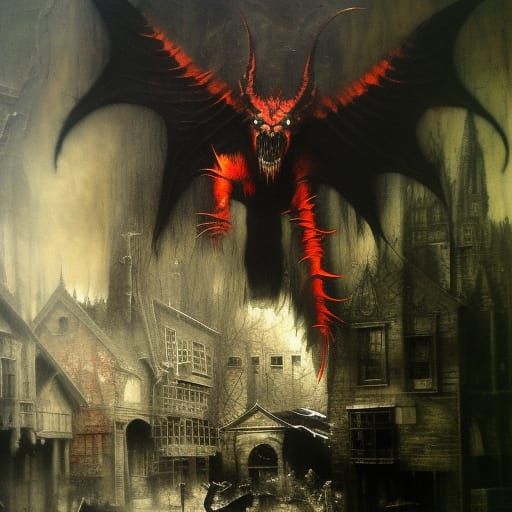 Grotesque Demon Emerges from Shadows: Mixed Media Art