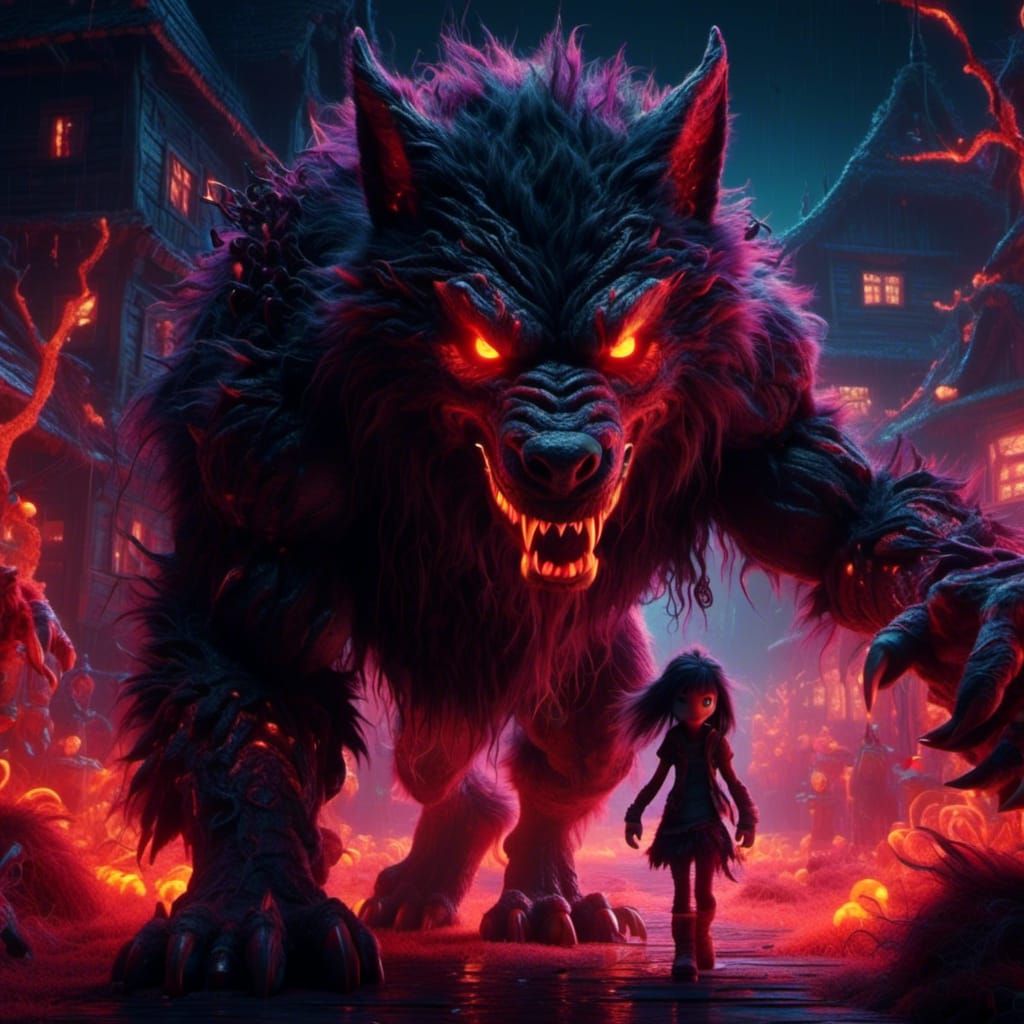 Wolf Demon and Anime Girl in Horror Setting