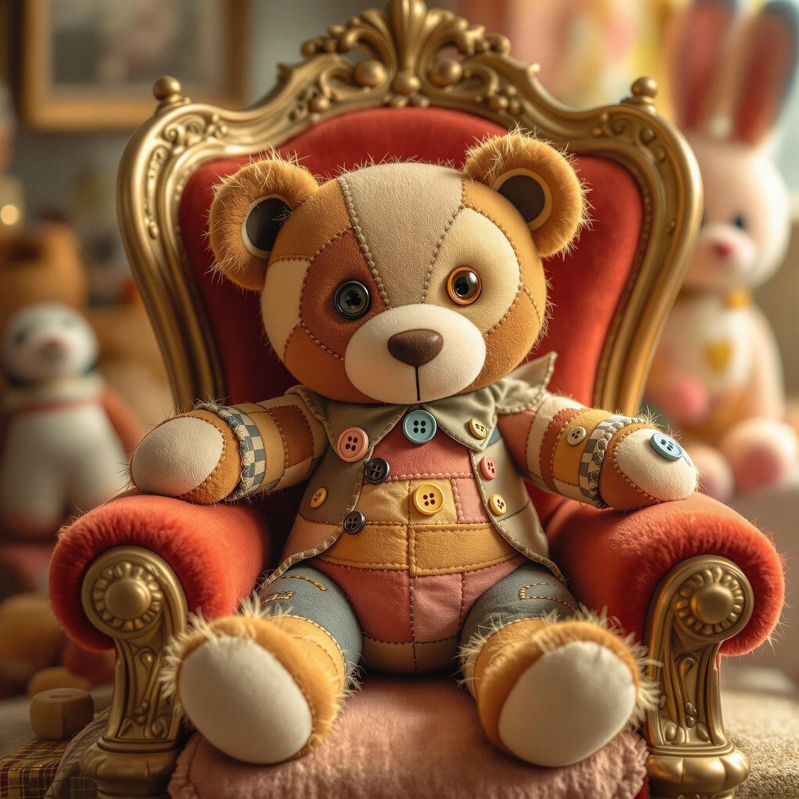 Handmade Patchwork Teddy Bear on Regal Throne