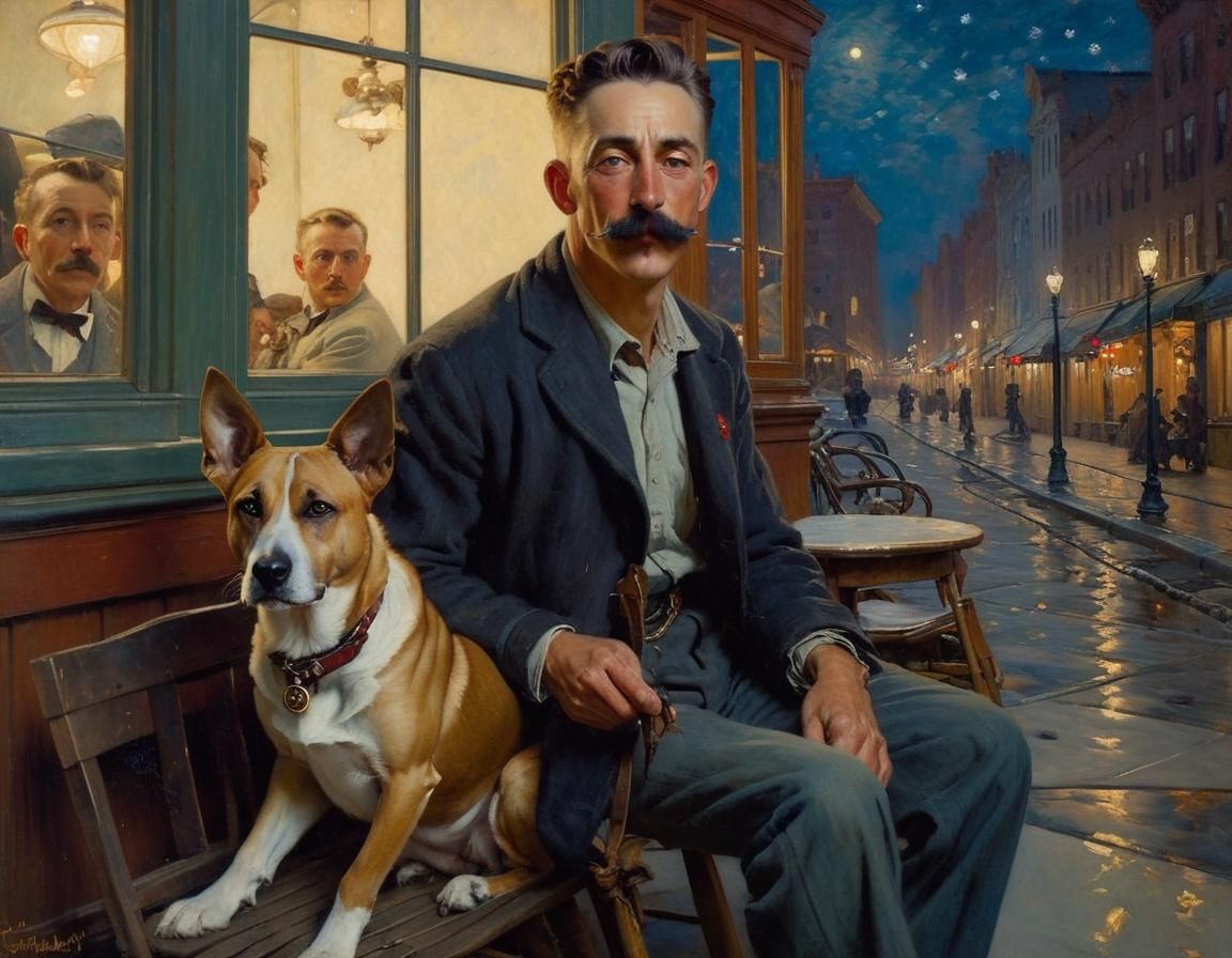 Romantic Oil Portrait: Man with Dog in New York
