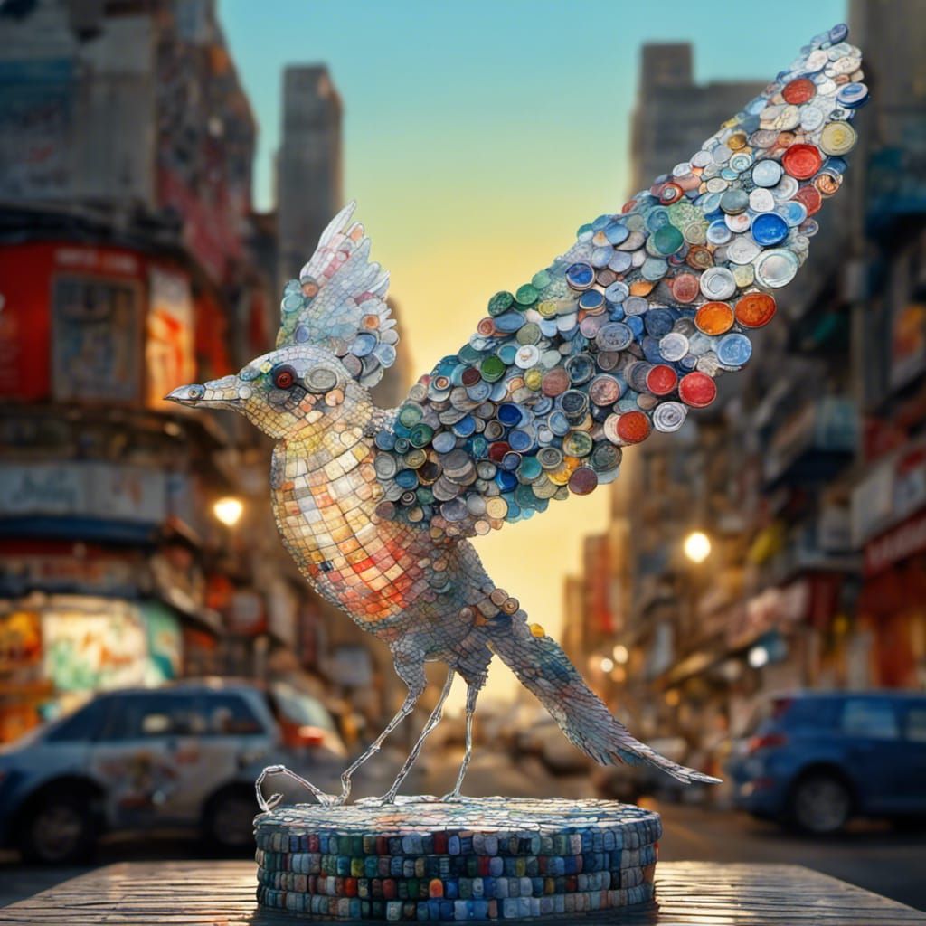 Soda Bottle Cap Bird Sculpture, Manga Watercolor