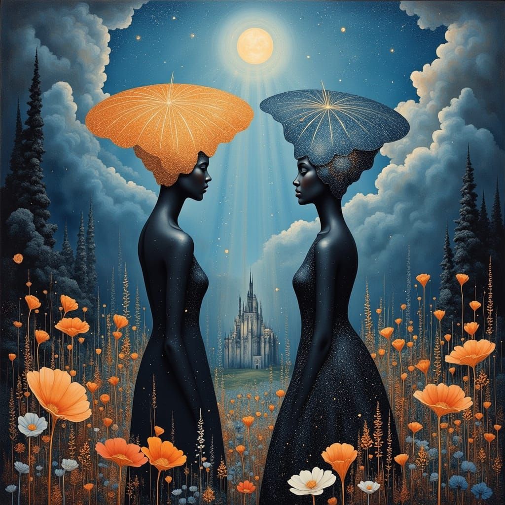 Ethereal Obsidian Women in Bioluminescent Garden