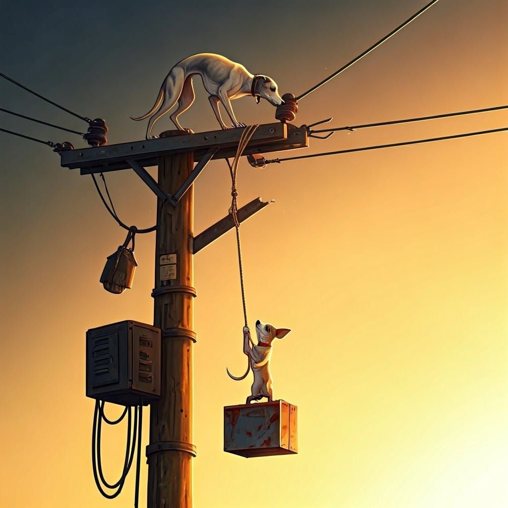 Dogs Repair Damaged Cable on Electrical Pole in Warm Sunset....