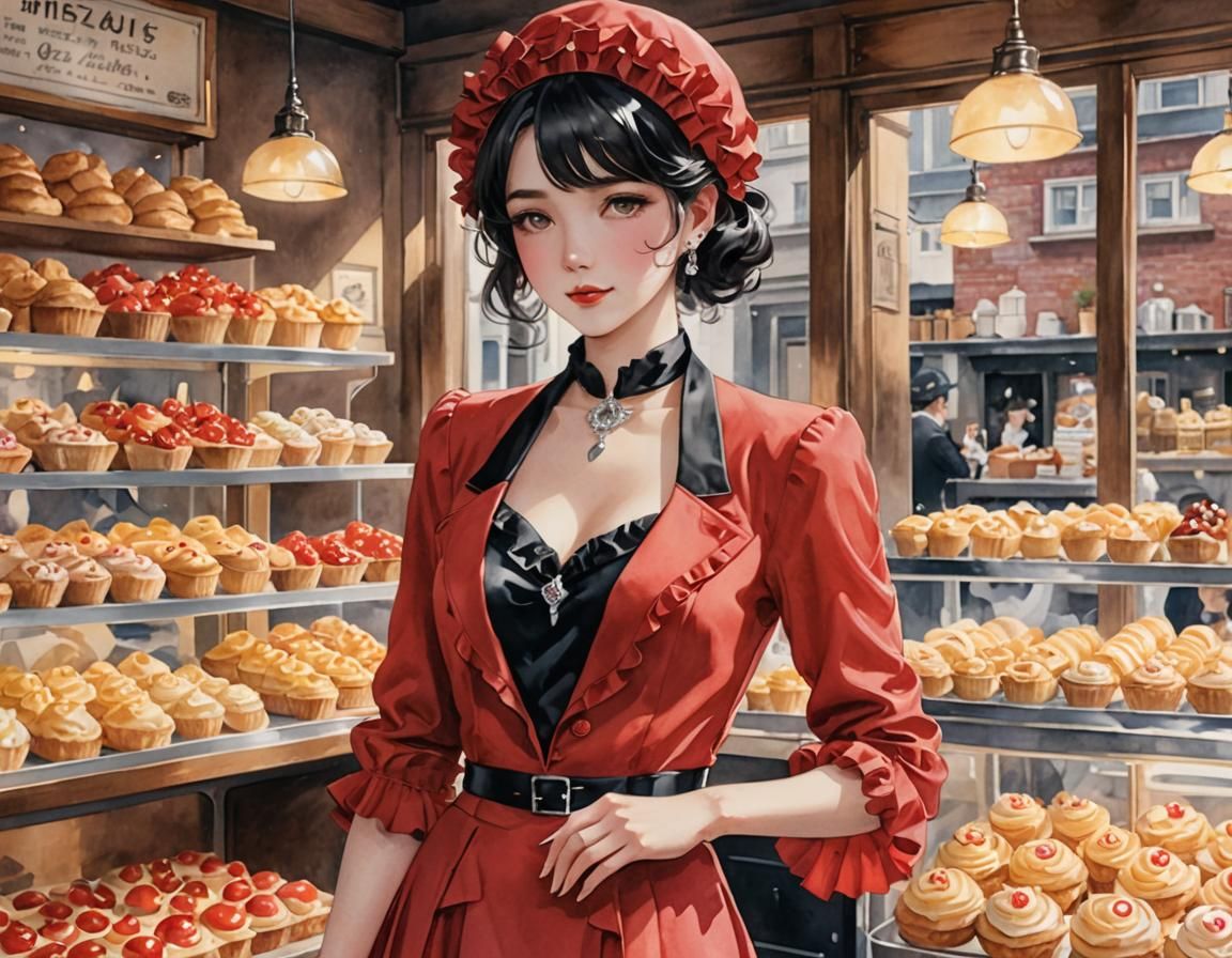 Pastel Bakery Scene with Lady in 1930s Suit