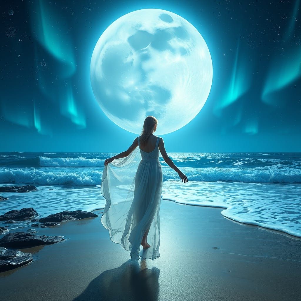 Woman walking on the beach under the full moon