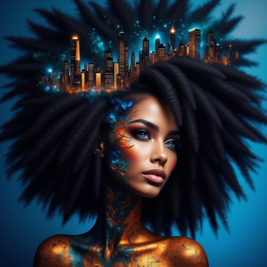 Surreal Cityscape Woven into Afro Curls