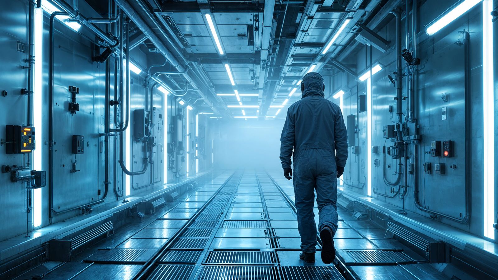 Modernized Vertical Service Corridor with Blue LED Lighting