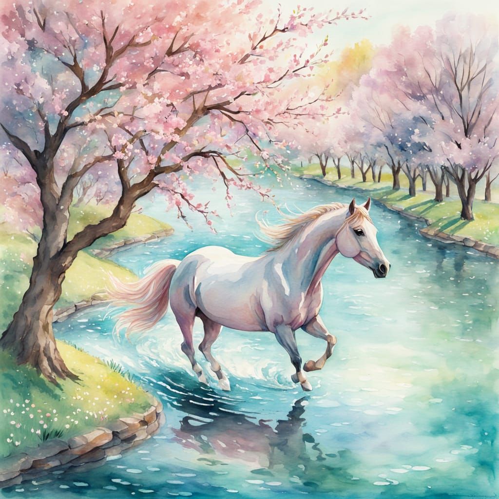 Horse in Cherry Blossoms as Watercolor Painting
