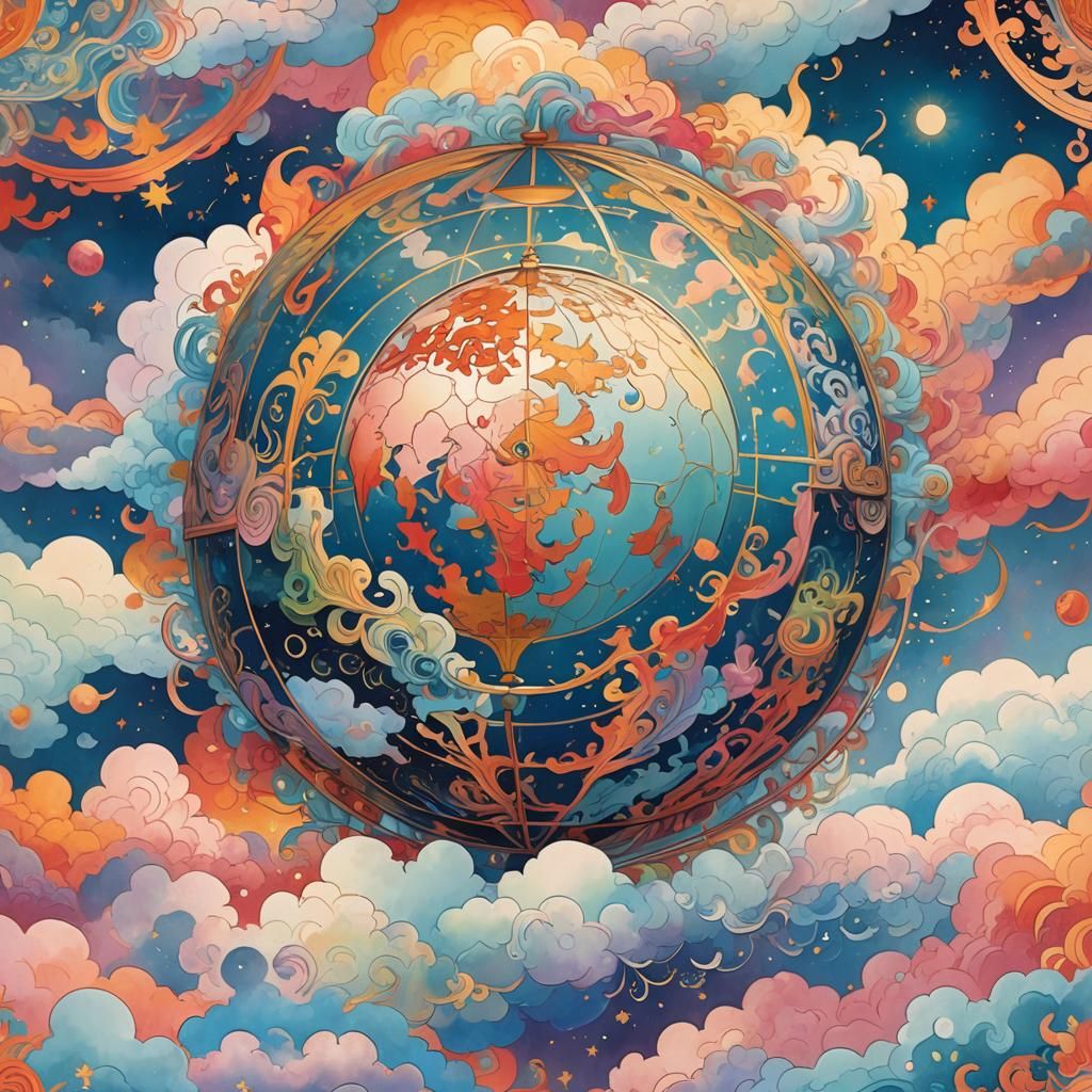 Spiritual Globe Surrounded by Iridescent Clouds
