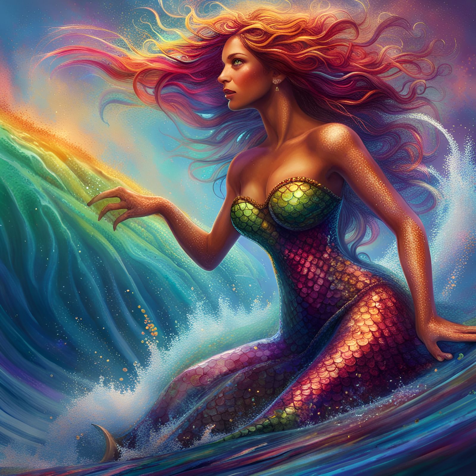Magical Mermaid Surfing Rainbow Waves