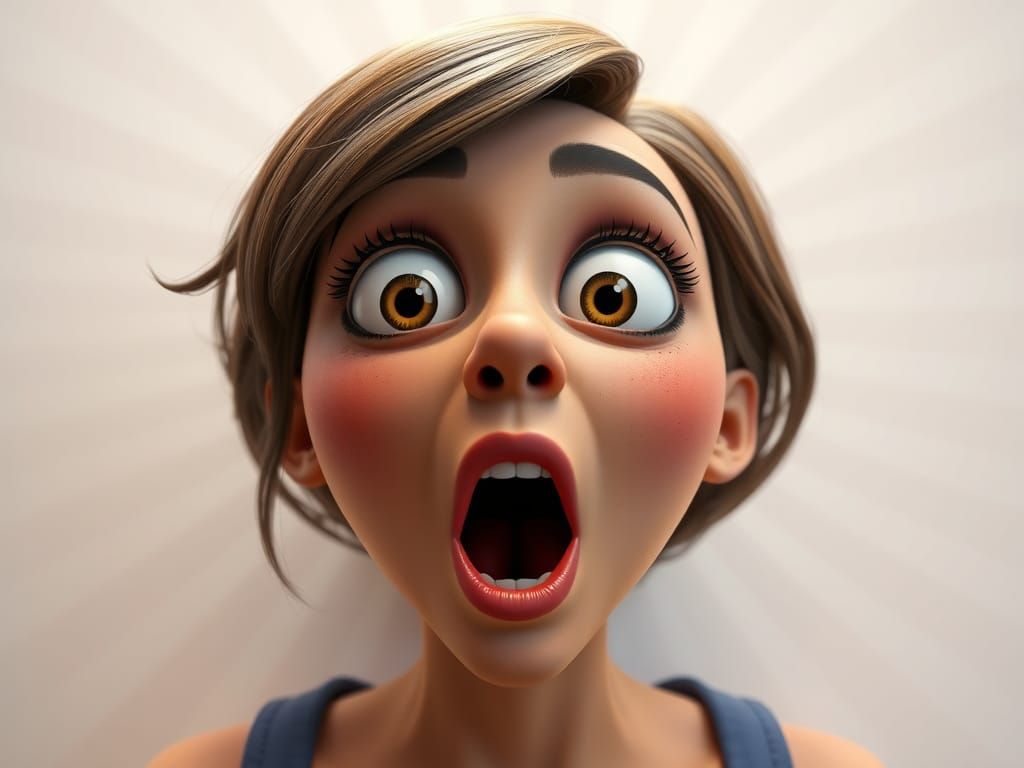 Humorous Surprised Woman in Pixar-Inspired 3D Art