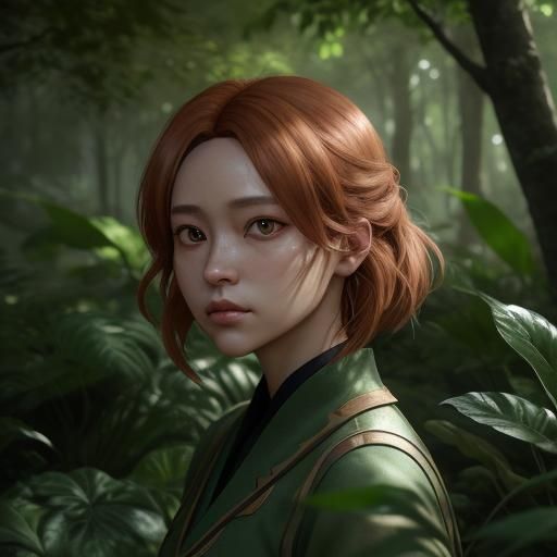 Anime Girl Portrait in Forest with Soft Lighting