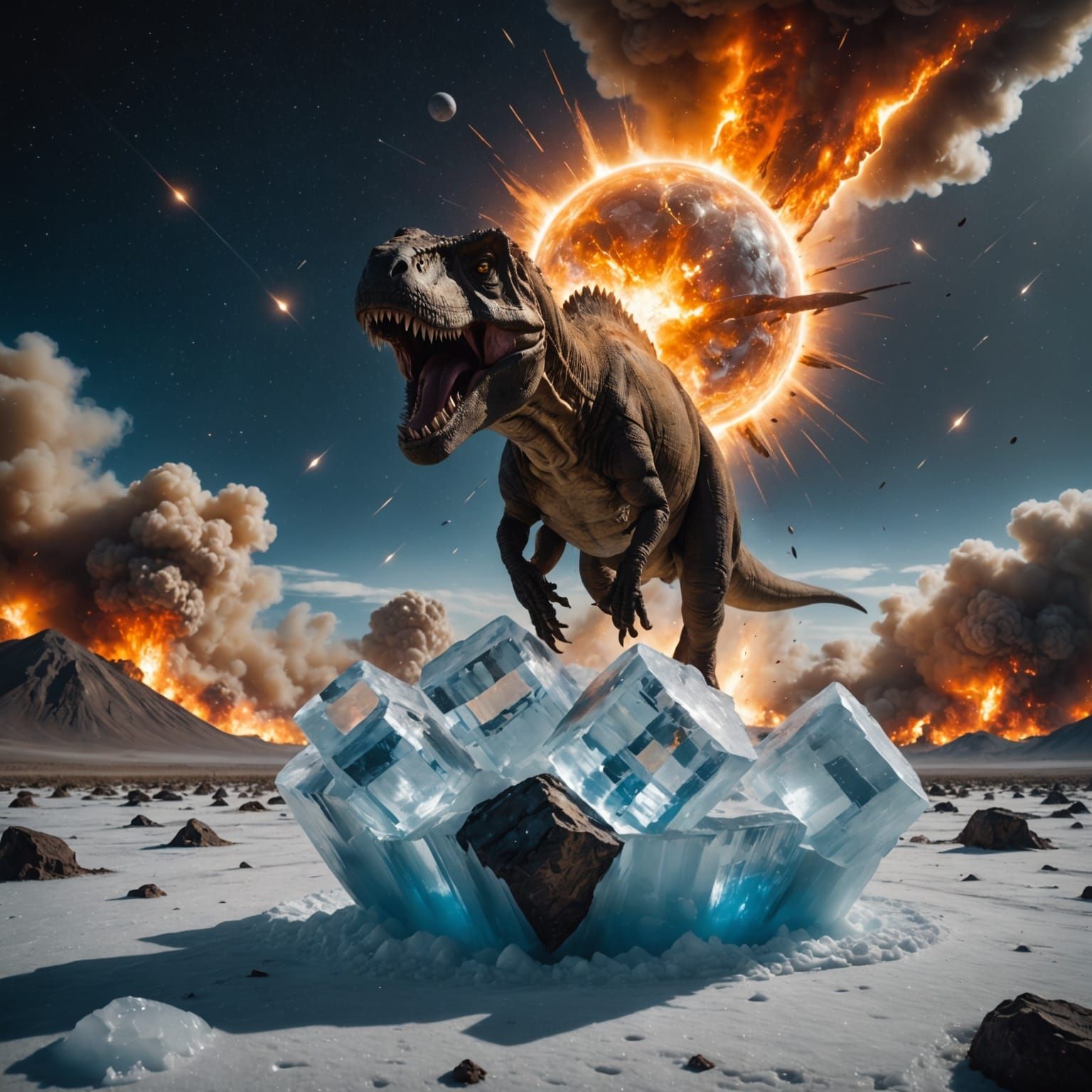 T-Rex in Transparent Ice Block Soars Through Space