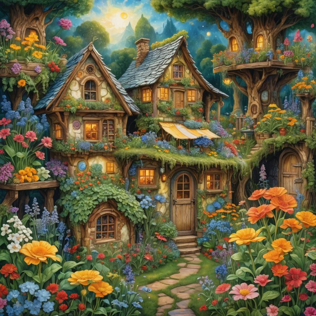 Tiny house Made from cheese; garden made from spinach ; flow...