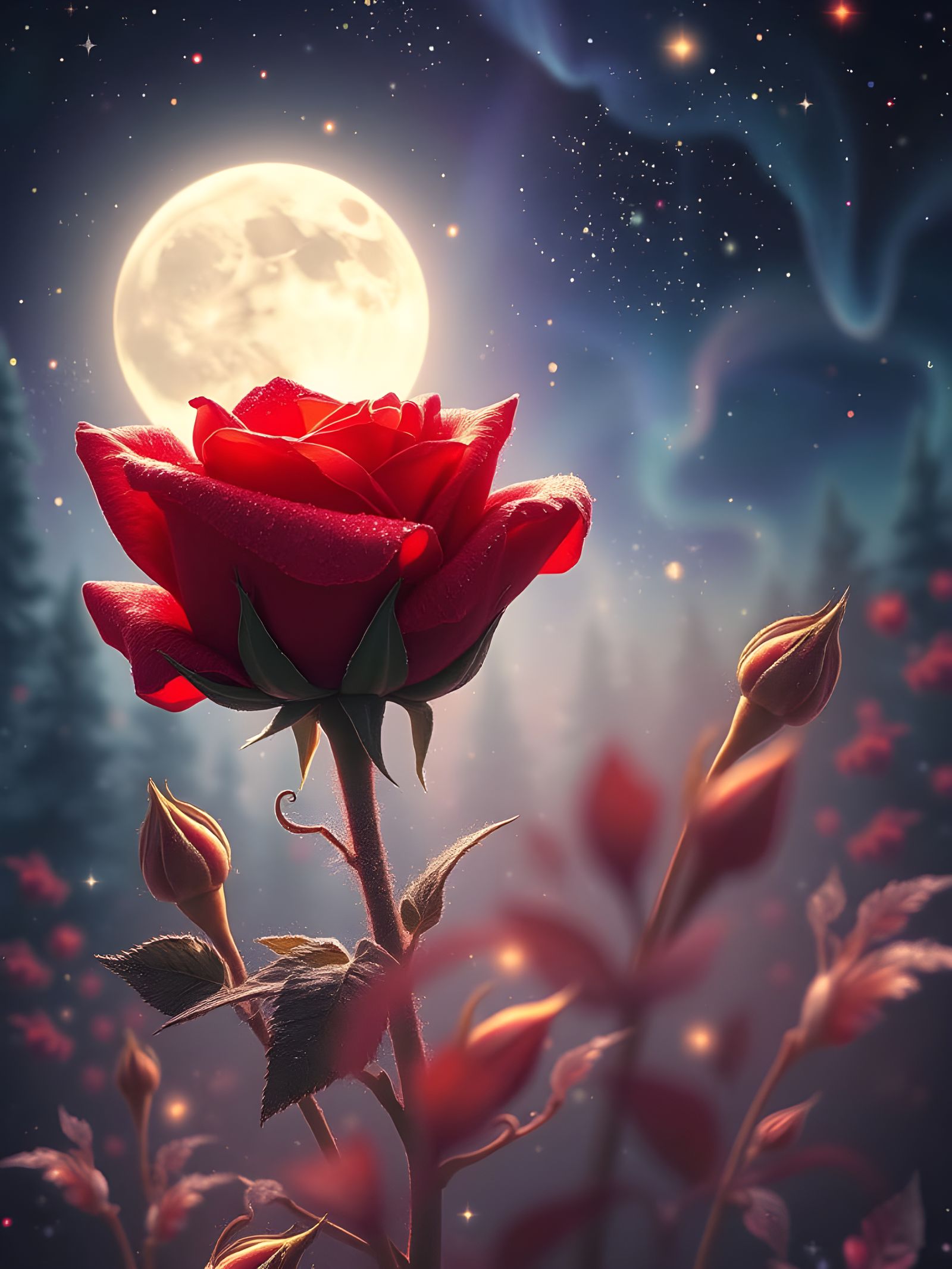 Moonlit Red Rose in Whimsical Forest Scene
