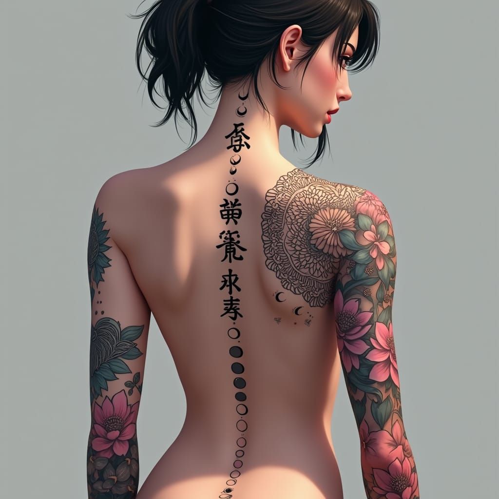 Woman in Three-Quarter View with Intricately Tattooed Back i...